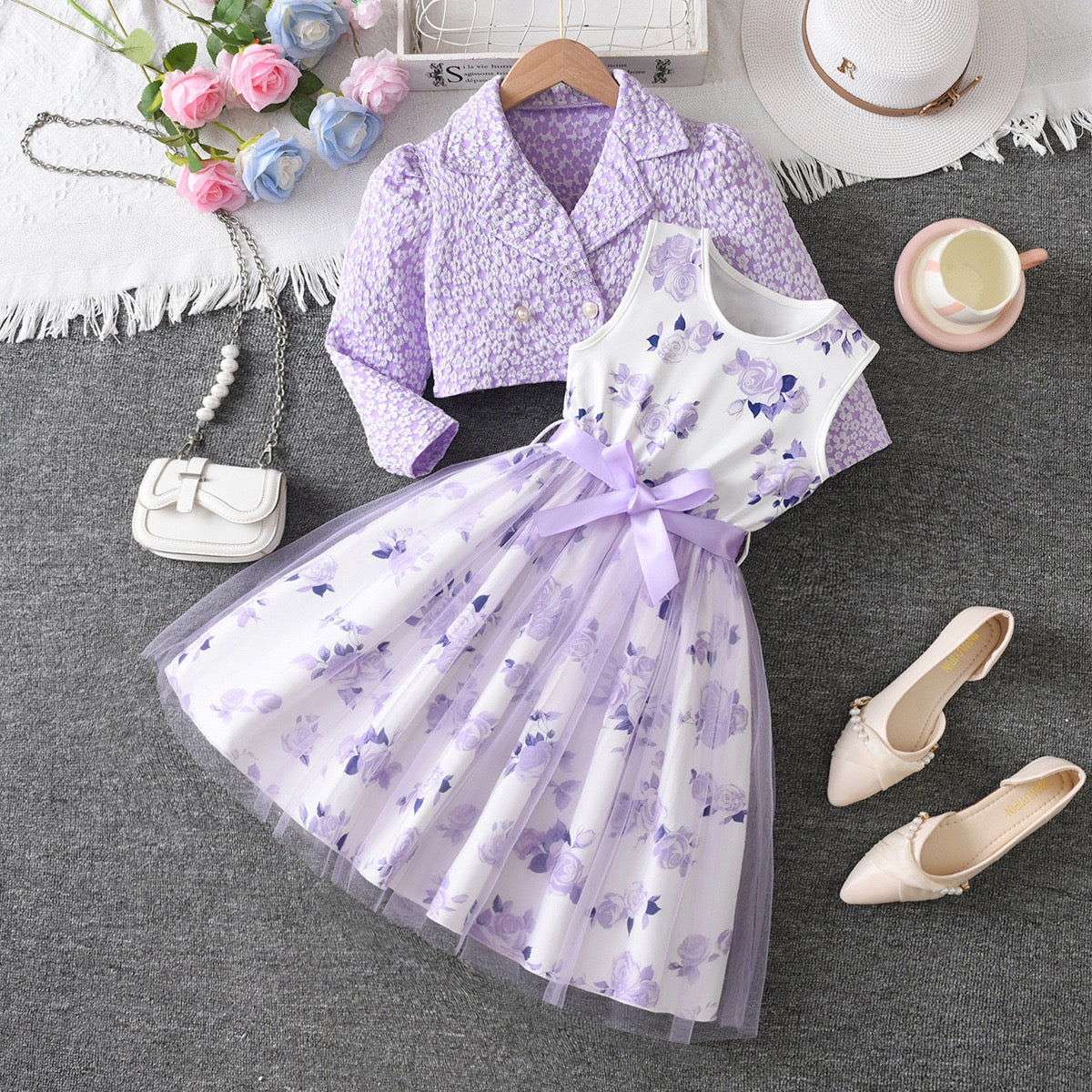 Cross-Border Girls Two-Piece Sky Blue Floral Jacket Rose Print Mesh Dress Princess Style