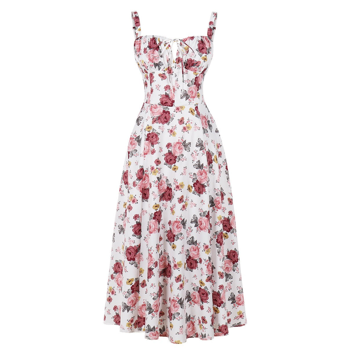 Printed Spaghetti Strap Dress with Corset Waist, Elegant Vintage Style, Wide Hem, Trendy Bestseller on Amazon