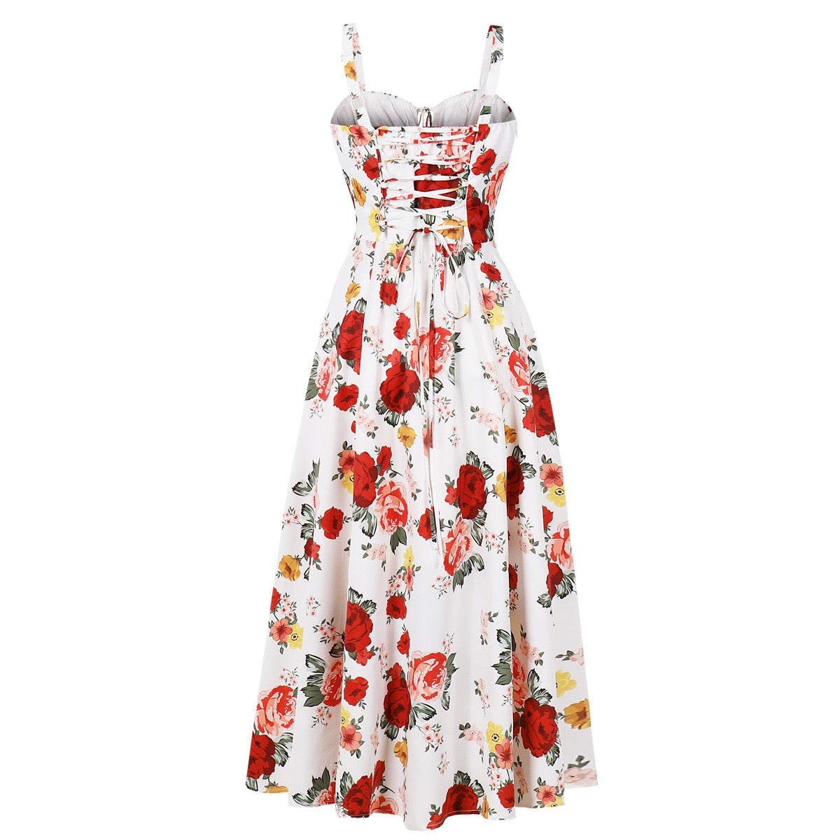 Printed Spaghetti Strap Dress with Corset Waist, Elegant Vintage Style, Wide Hem, Trendy Bestseller on Amazon
