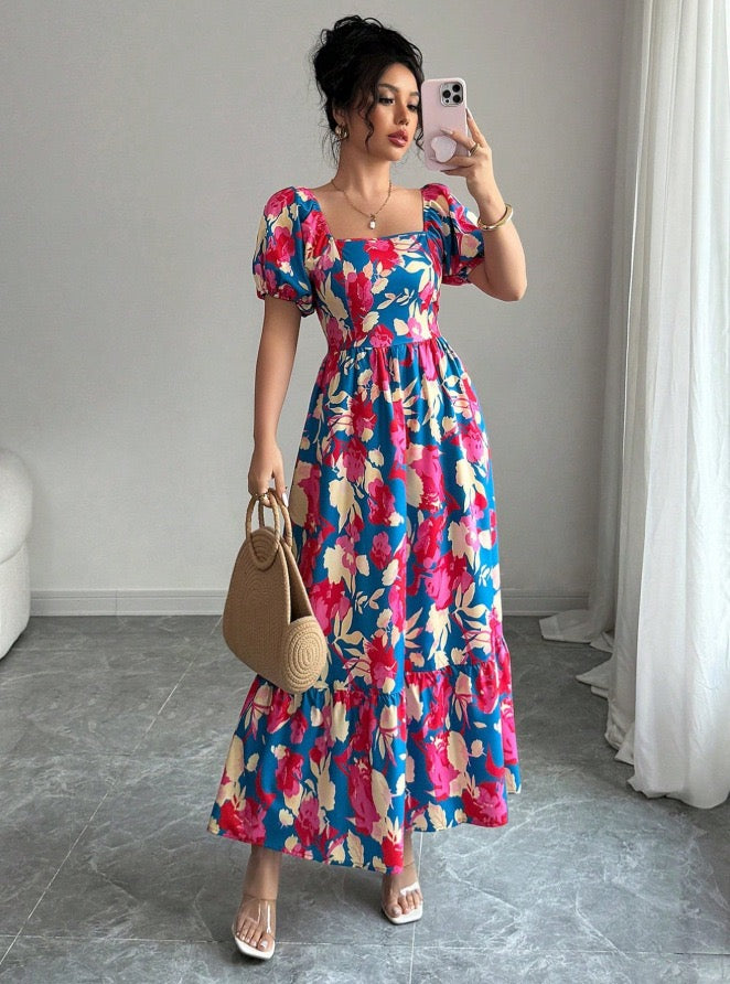 AliExpress Cross-Border Amazon New Beach Vacation Style Puff Sleeve Dress Women's European and American Floral Print High Waist