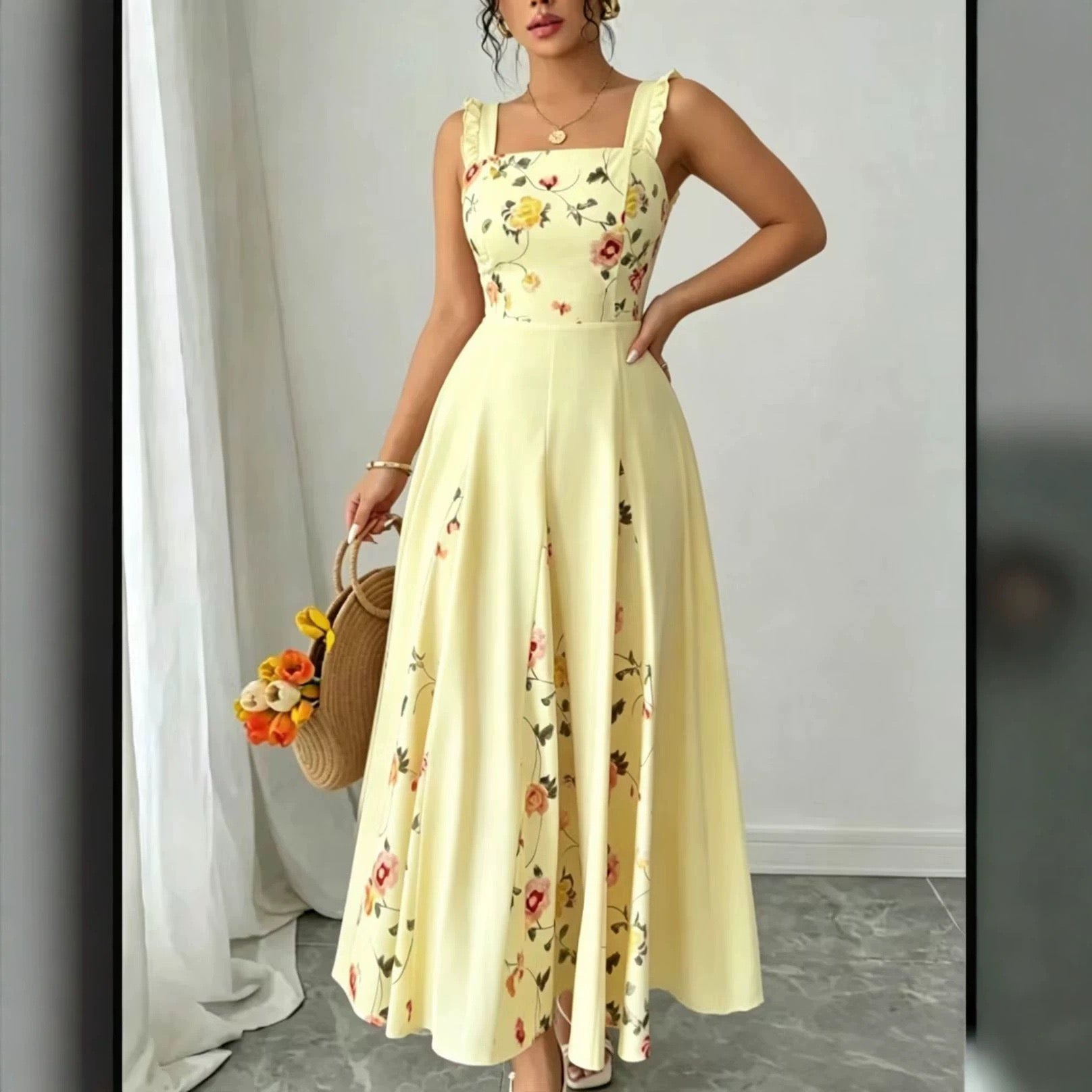 Amazon European and American Cross-Border New French-Style Waist-Cinching Elegant Floral Print Square-Neck Sleeveless Dress