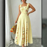Amazon European and American Cross-Border New French-Style Waist-Cinching Elegant Floral Print Square-Neck Sleeveless Dress