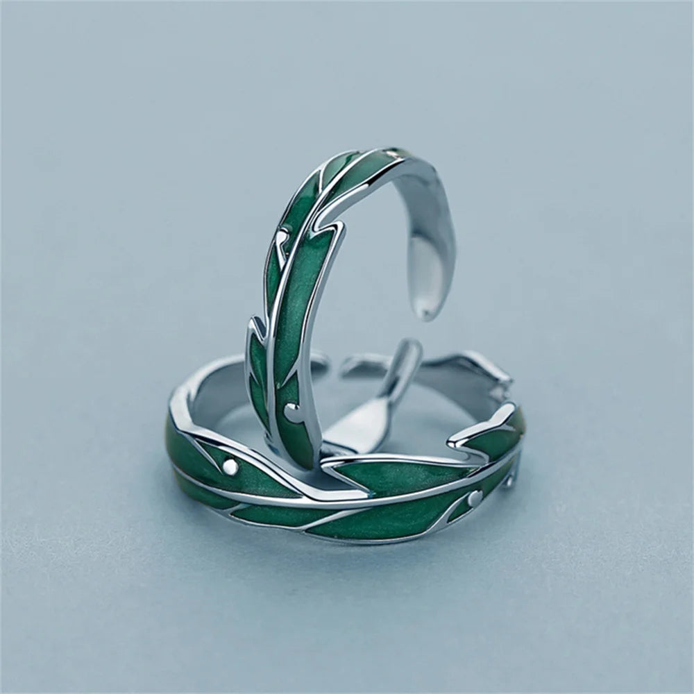 2pcs New Simple Irregular Green Leaves Couple Rings For Women Men Lover Silver Color Fashion Open Ring Romantic Wedding Jewelry