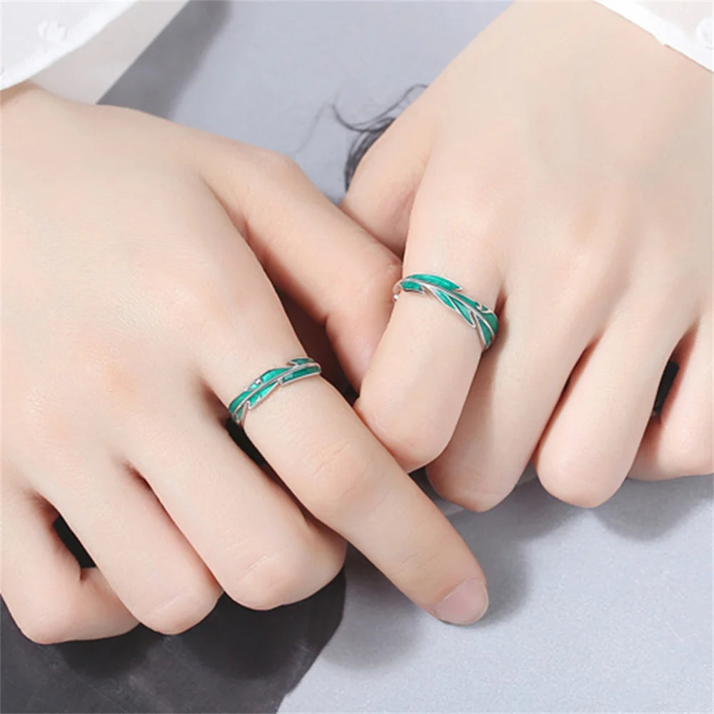 2pcs New Simple Irregular Green Leaves Couple Rings For Women Men Lover Silver Color Fashion Open Ring Romantic Wedding Jewelry