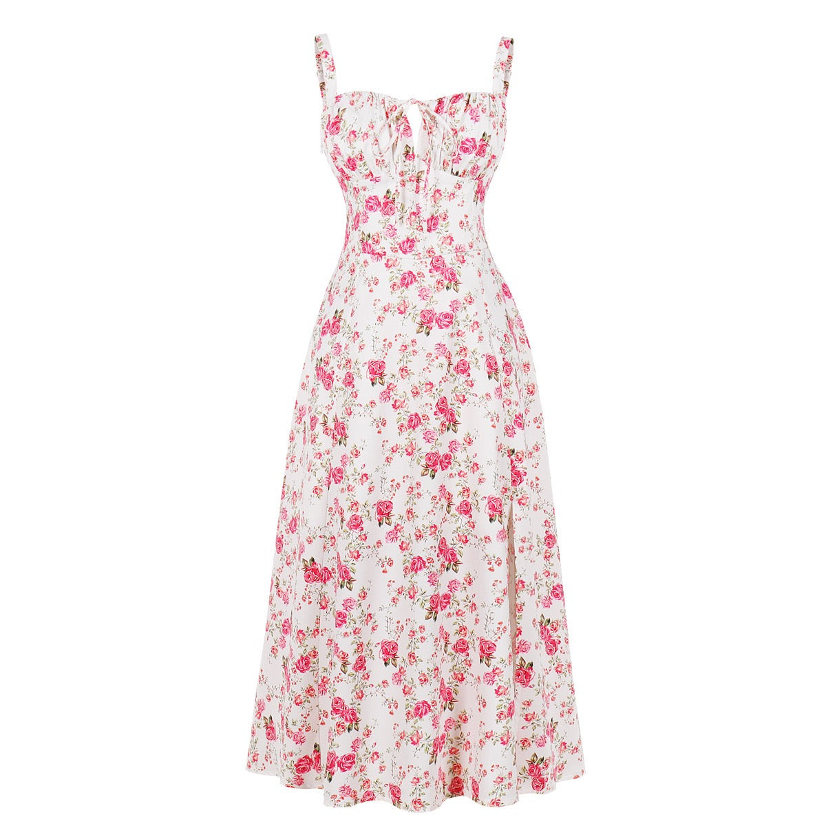 Printed Spaghetti Strap Dress with Corset Waist, Elegant Vintage Style, Wide Hem, Trendy Bestseller on Amazon