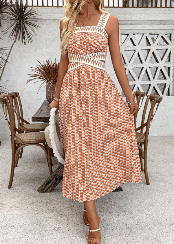 2025 Summer New Style Tube Top Backless Suspender Dress Retro Printed Long Skirt Cross-Border Foreign Trade Amazon Style for Women