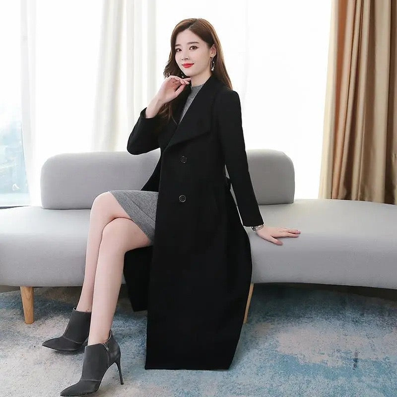 Windbreaker 2024 Spring and Autumn new woolen coat for women over the knee thickened large size lapel super long slim waist coat