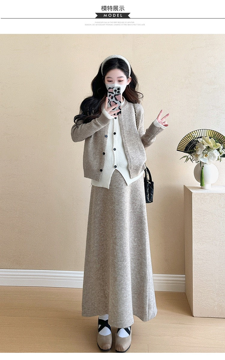 Pregnant women autumn and winter fashion new contrast color stitching knitted sweater + mid-length skirt temperament slim two-piece set