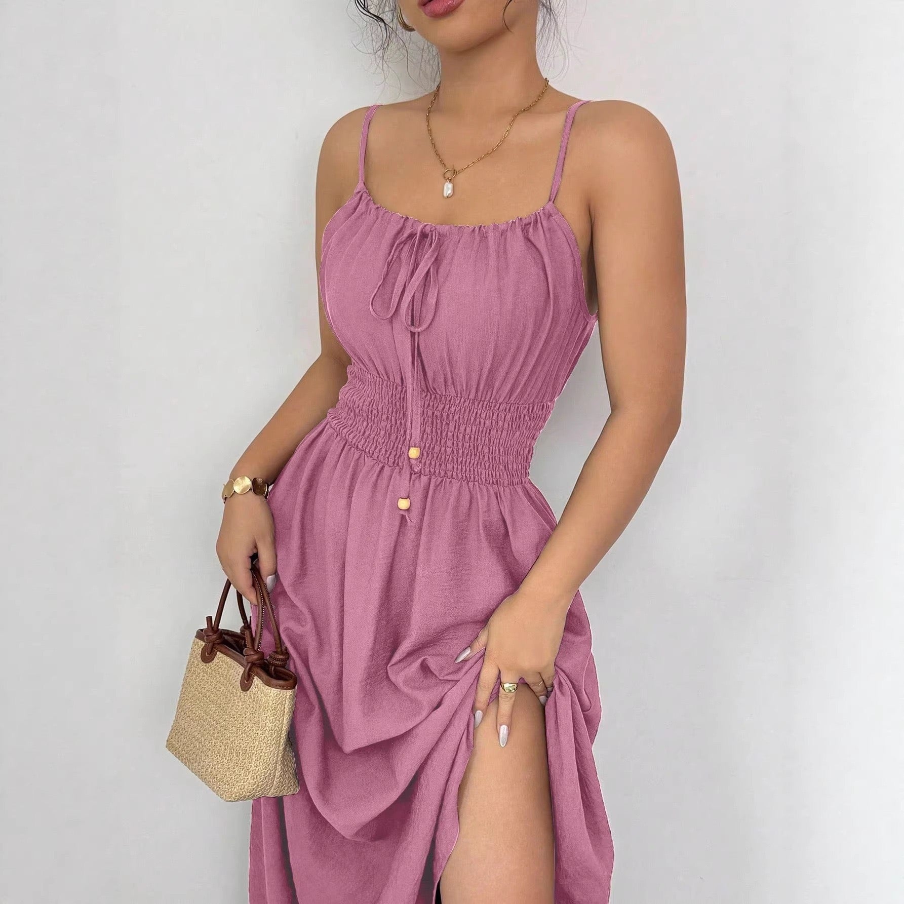 2026 Cross-Border European and American Amazon Design-Inspired Strapless Sleeveless Ruched Waist Solid Color Camisole Women's Dress