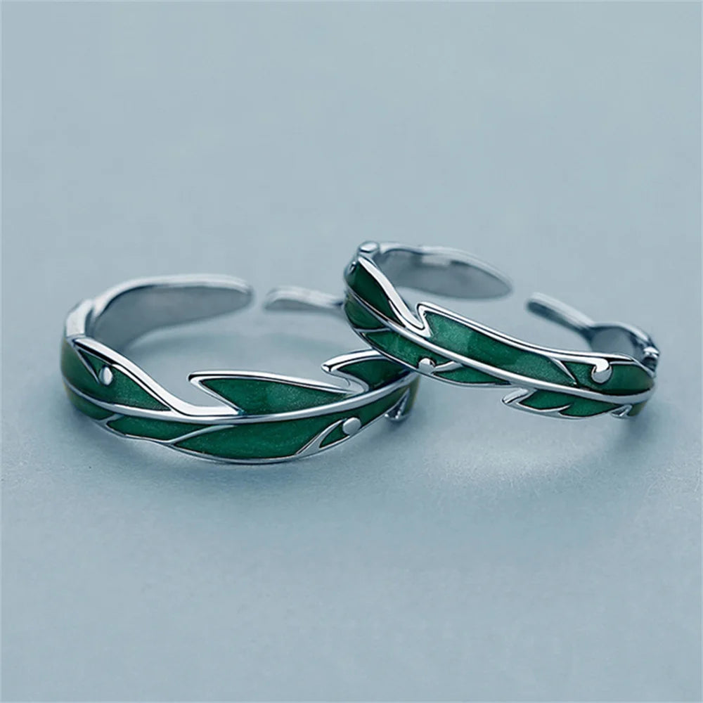 2pcs New Simple Irregular Green Leaves Couple Rings For Women Men Lover Silver Color Fashion Open Ring Romantic Wedding Jewelry