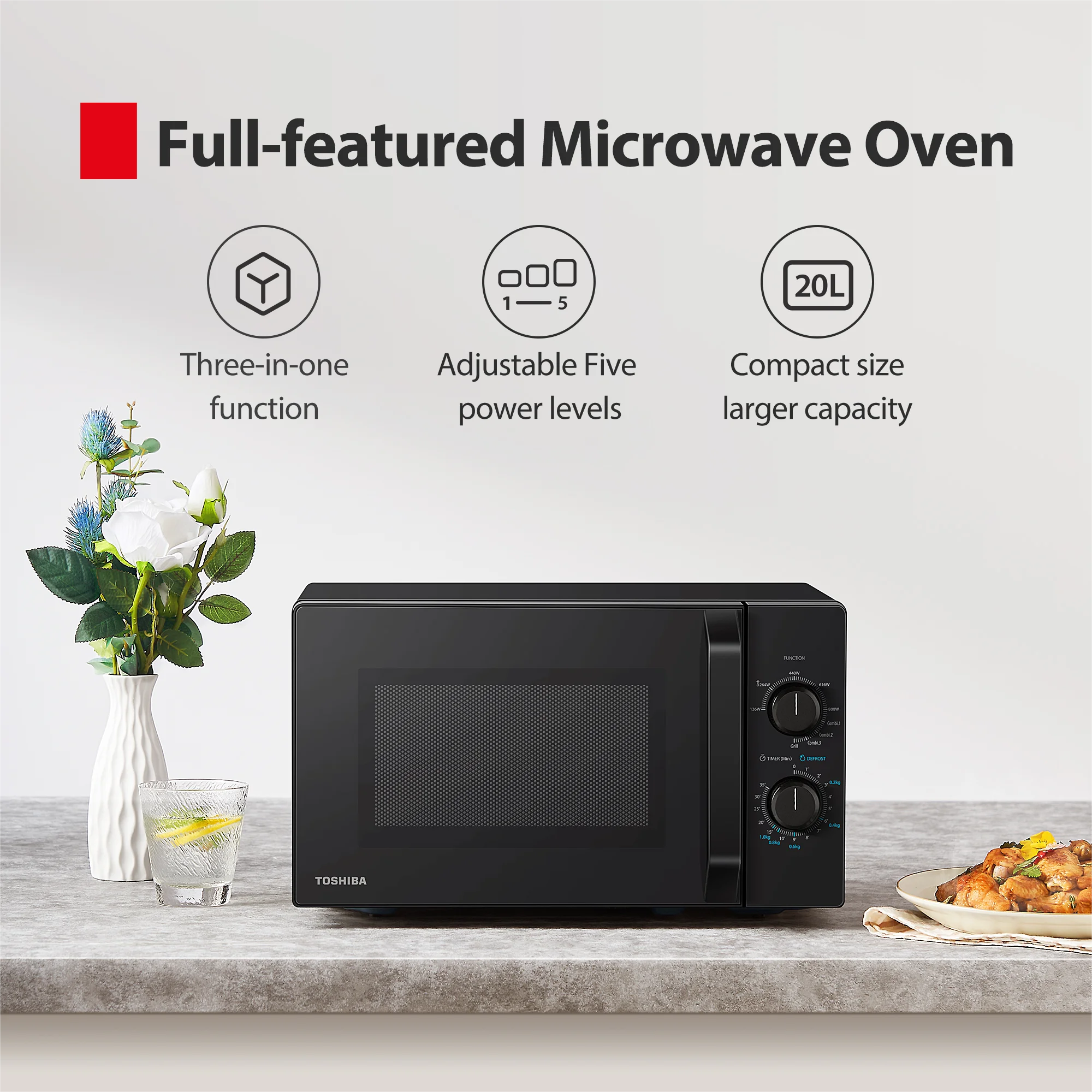 Toshiba MW2-MG20P Microwave Oven with Crispy Grill & Combination Function, 5 Power Levels, 1000 W Grill Power, Black