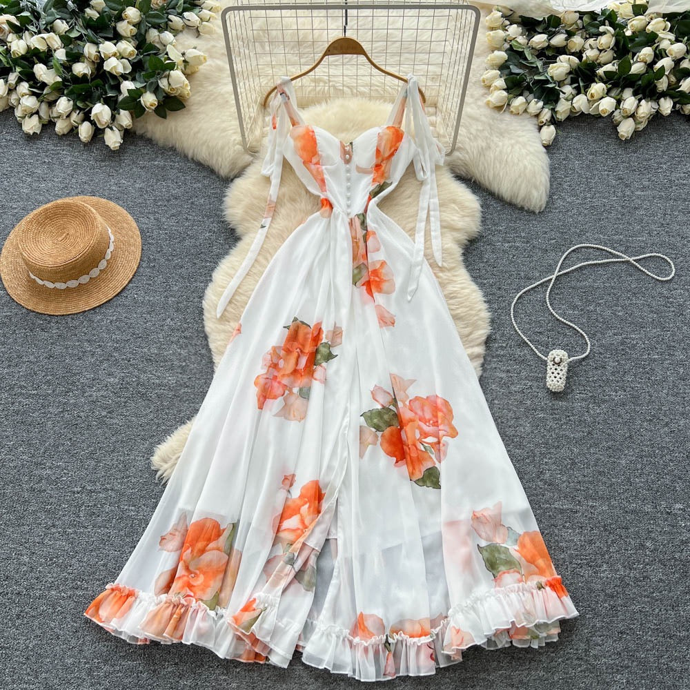 French Vacation Wear Dress for Women, Summer Design, Thoughtful Slit, Waist-Cinching, Elegant Suspender Printed Long Skirt