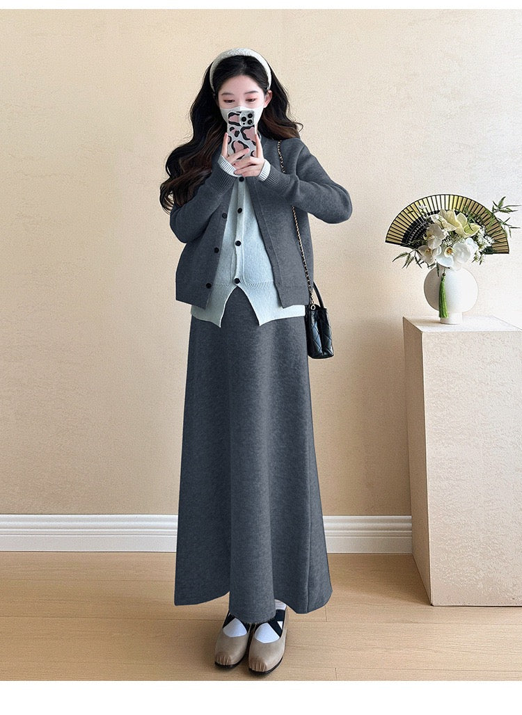 Pregnant women autumn and winter fashion new contrast color stitching knitted sweater + mid-length skirt temperament slim two-piece set