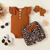4 Sets Children's Summer Three-Piece Outfits with Flying Sleeves, Bow Detail, and Leopard Print Shorts, European and American Style