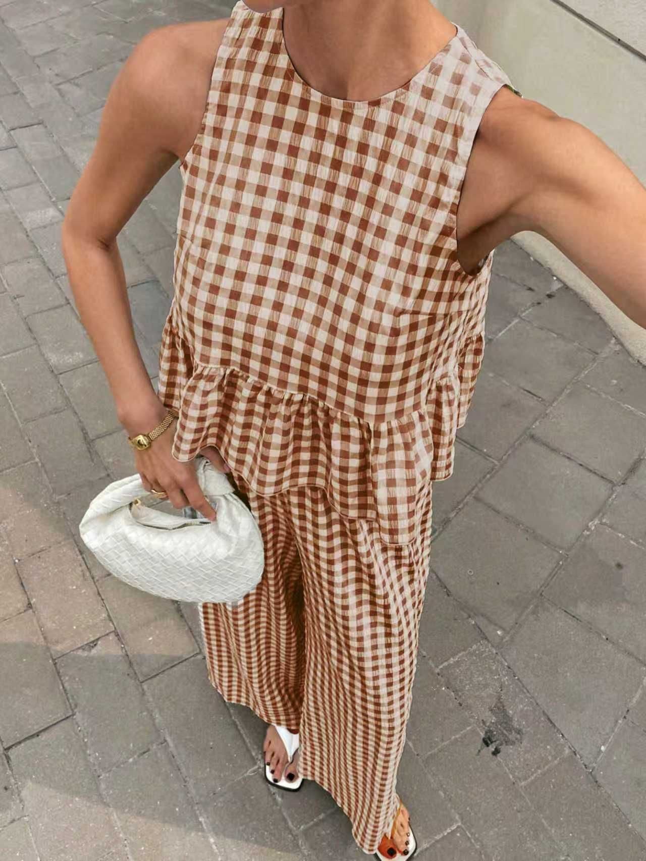 2026 European and American Fashion Casual Two-Piece Set with Sleeveless Round-Neck Ruffled Hem Top and High-Waisted Straight-Leg Pants