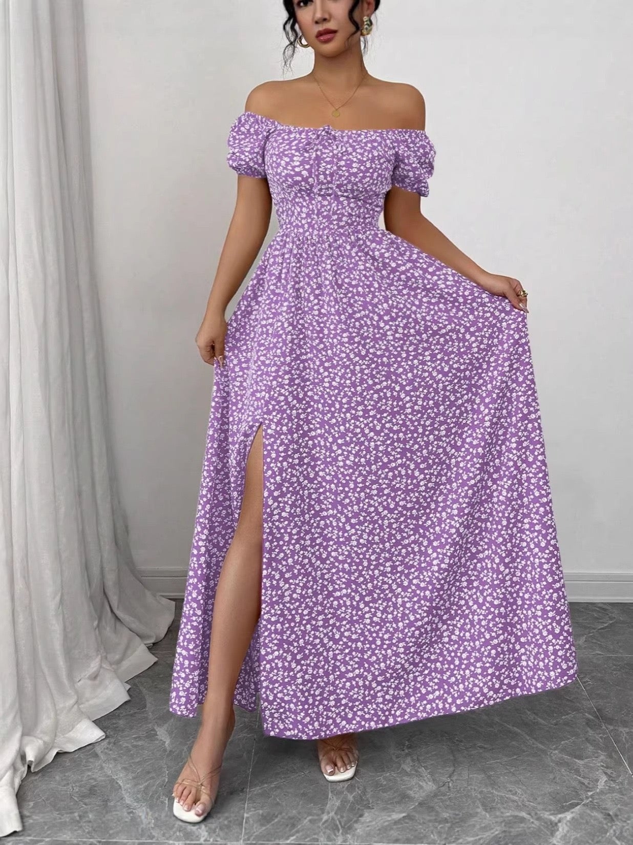 European and American Style Cross-Border Square Neck Puff Sleeve Floral Long Dress for Export