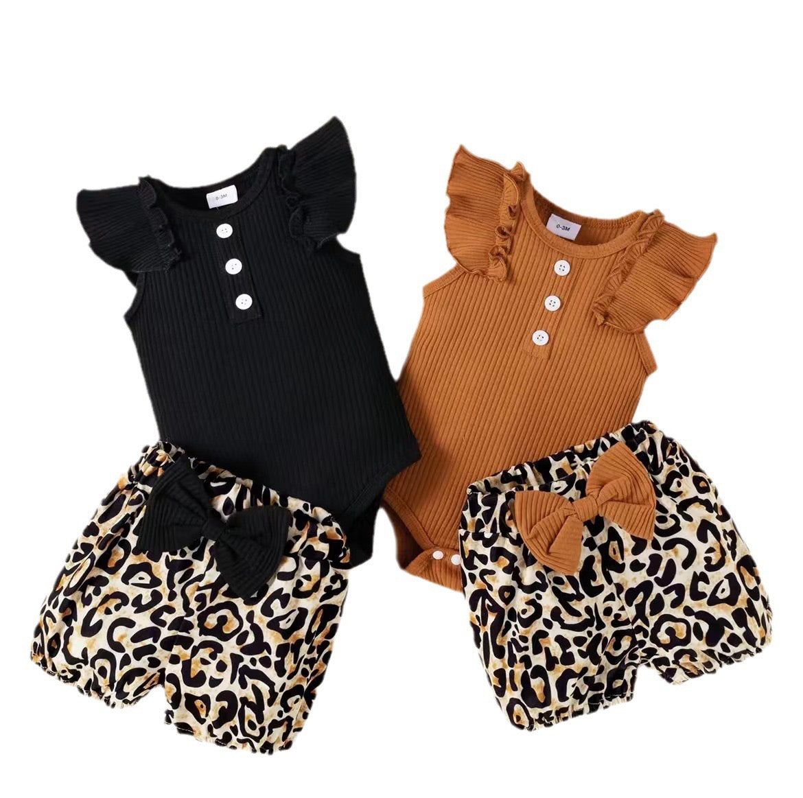 4 Sets Children's Summer Three-Piece Outfits with Flying Sleeves, Bow Detail, and Leopard Print Shorts, European and American Style