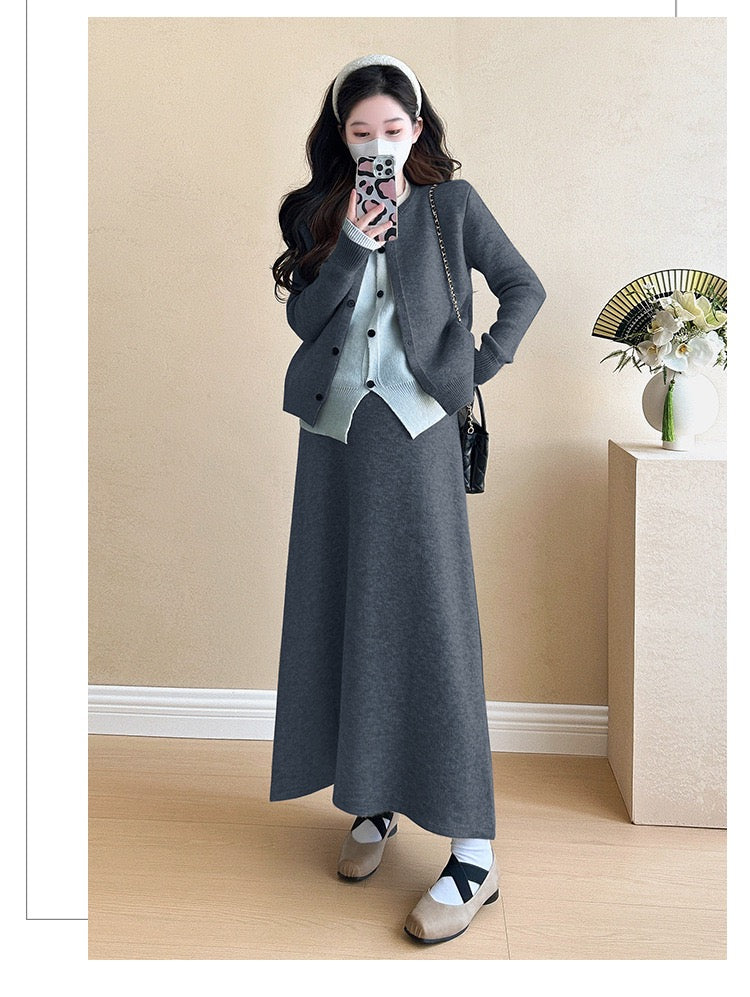 Pregnant women autumn and winter fashion new contrast color stitching knitted sweater + mid-length skirt temperament slim two-piece set