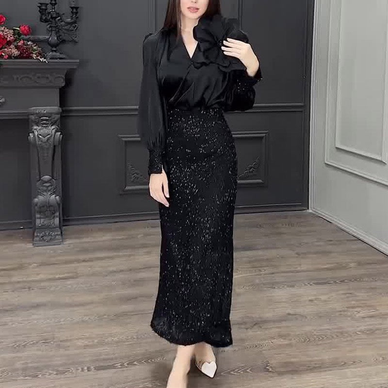 2024 Amazon European and American new shirt long-sleeved top waist half-length fishtail skirt two-piece women's skirt suit