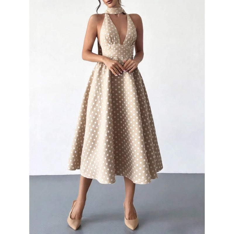 2026 Amazon European and American Cross-Border Trade Polka Dot Tie-Back Sexy Deep-Neck Backless Long Dress