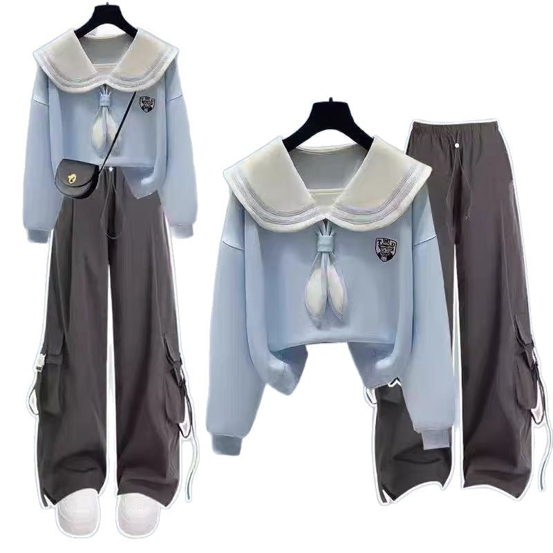 Fashion suit #contrast navy collar fake two-piece loose slim top with designer pocket casual pants