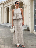 2026 European and American Fashion Casual Two-Piece Set with Sleeveless Round-Neck Ruffled Hem Top and High-Waisted Straight-Leg Pants