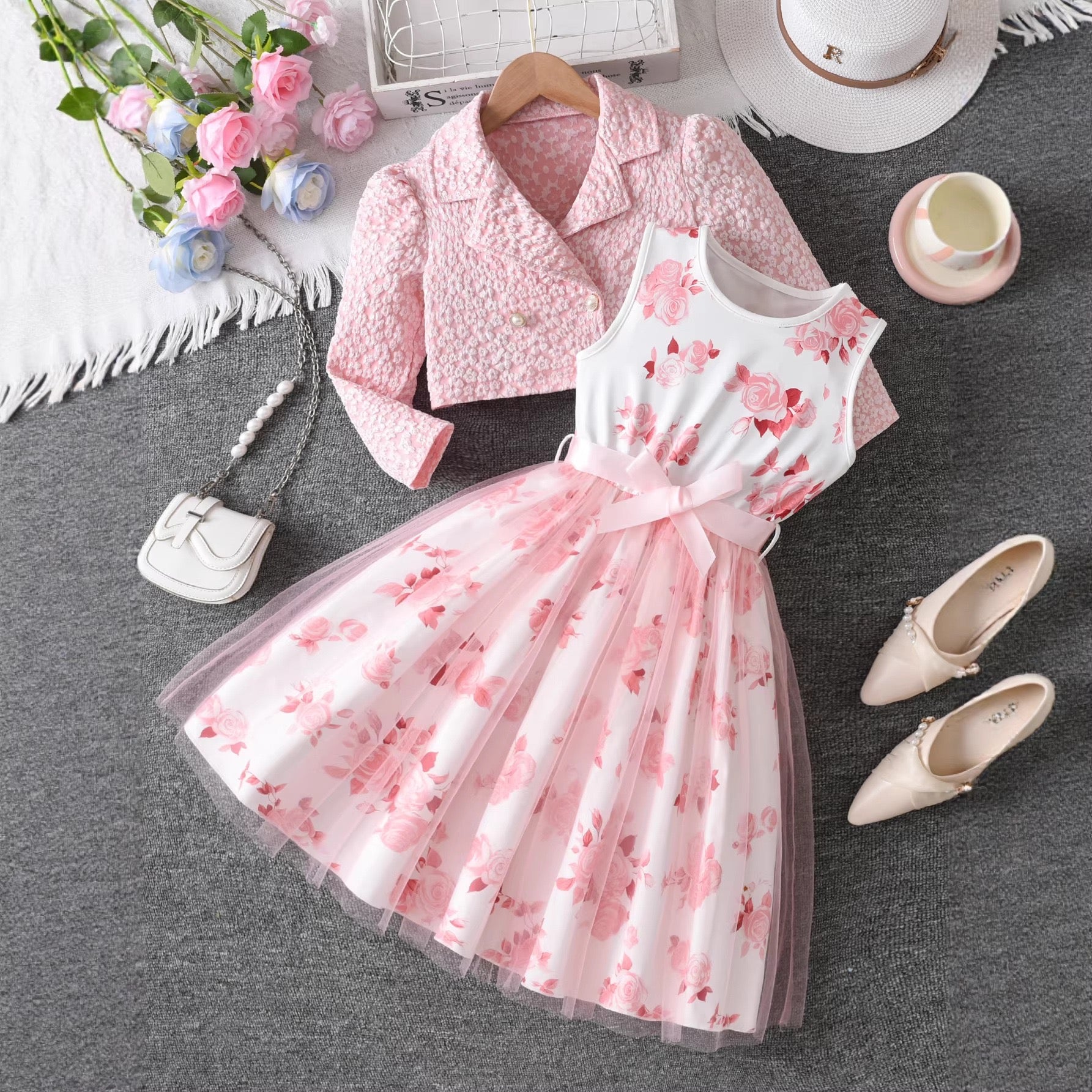 Cross-Border Girls Two-Piece Sky Blue Floral Jacket Rose Print Mesh Dress Princess Style