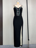 In Stock | Sexy European and American Style Women's Dress with Heavy Rhinestone Embellished Off-Shoulder Strapless Dress, Slim Fit, Elegant Slit Evening Gown