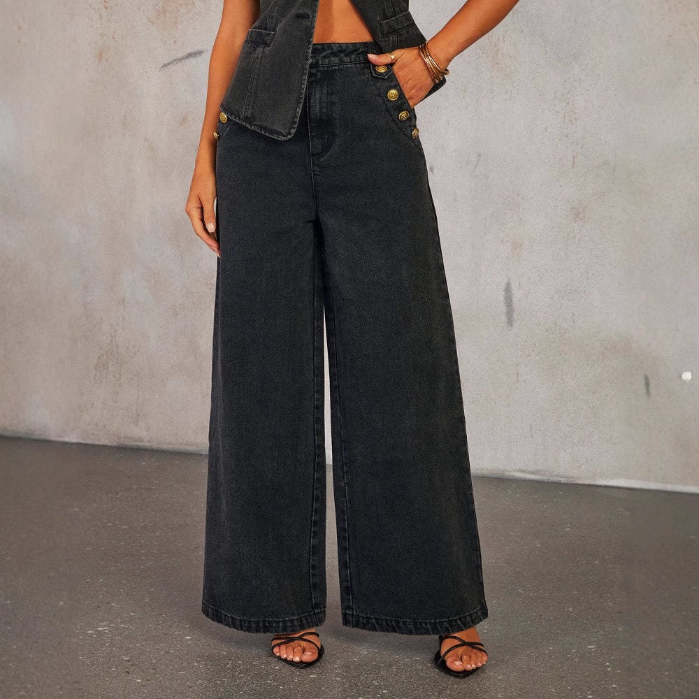 2025 Solid Color Sleeveless Denim Suit with Straight-Leg Pants - American and European Style, Factory Direct