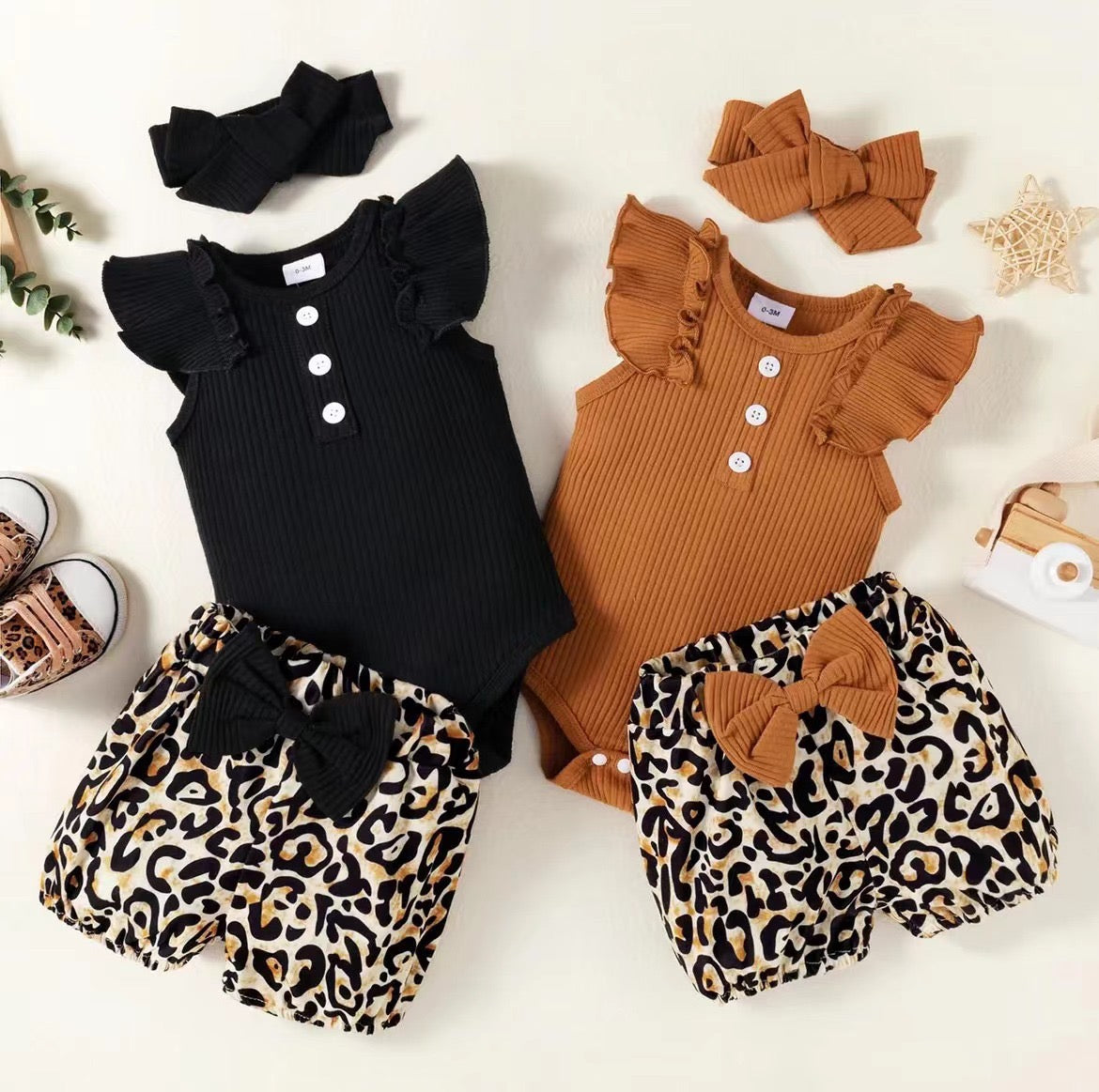 4 Sets Children's Summer Three-Piece Outfits with Flying Sleeves, Bow Detail, and Leopard Print Shorts, European and American Style