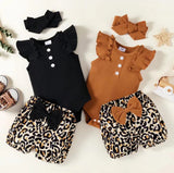 4 Sets Children's Summer Three-Piece Outfits with Flying Sleeves, Bow Detail, and Leopard Print Shorts, European and American Style