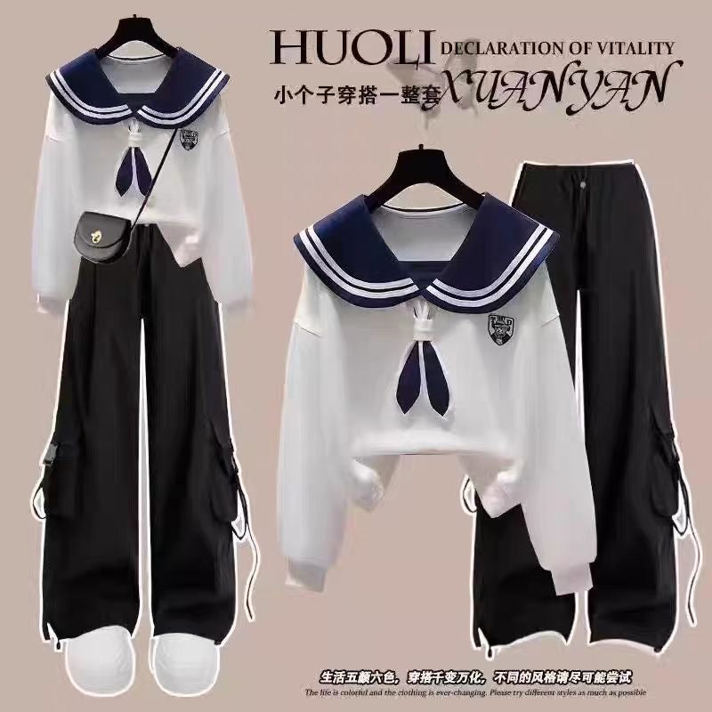 Fashion suit #contrast navy collar fake two-piece loose slim top with designer pocket casual pants