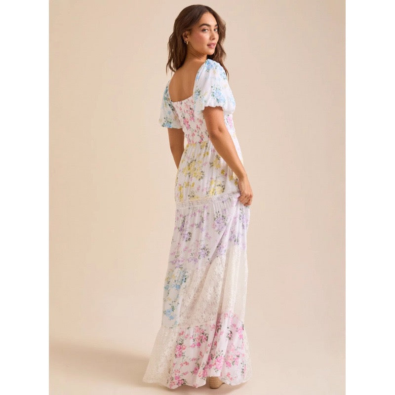 Tiktok Cross-Border European and American Style Spring and Summer New Puff Sleeve Printed Lace Tube Top with Pleated Flared Skirt Women's Clothing