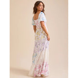Tiktok Cross-Border European and American Style Spring and Summer New Puff Sleeve Printed Lace Tube Top with Pleated Flared Skirt Women's Clothing