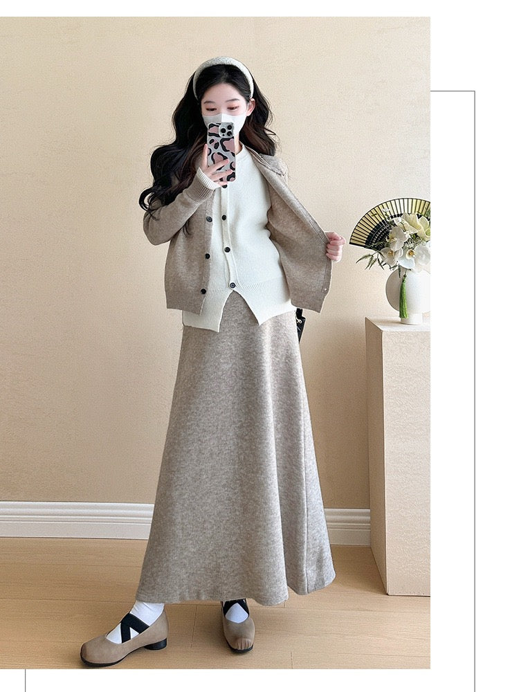Pregnant women autumn and winter fashion new contrast color stitching knitted sweater + mid-length skirt temperament slim two-piece set