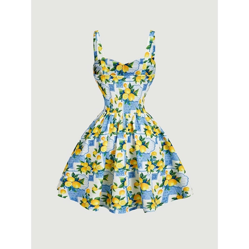 Women's New Summer Style French Romantic and Elegant Printed Lace-Up Waist-Cinching A-Line Suspender Mini Dress