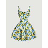 Women's New Summer Style French Romantic and Elegant Printed Lace-Up Waist-Cinching A-Line Suspender Mini Dress