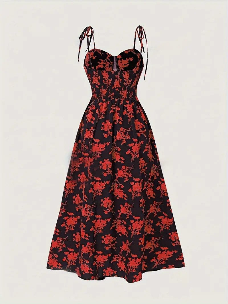 2025 European and American Cross-Border Amazon Independent Station French Summer Waist Sexy Floral Slim Suspender Dress