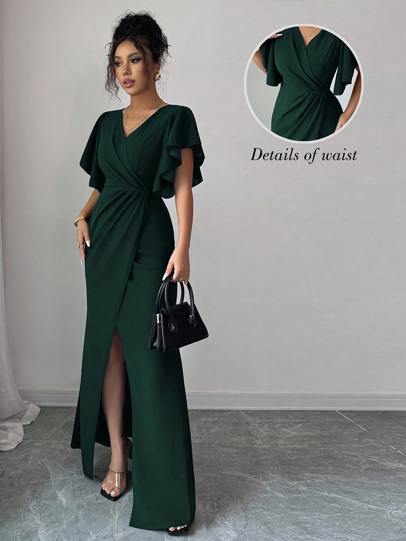 Women's Elegant Romantic Ruffle Sleeve V-Neck Waist Slimming Slit Hem Long Dress Suitable for Dates