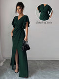 Women's Elegant Romantic Ruffle Sleeve V-Neck Waist Slimming Slit Hem Long Dress Suitable for Dates