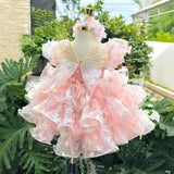 New Luxurious Niche One-Year-Old Girl's Dress with Solid Color Butterfly Accessories, Puff Sleeves, Comfortable and Cute Party Dress
