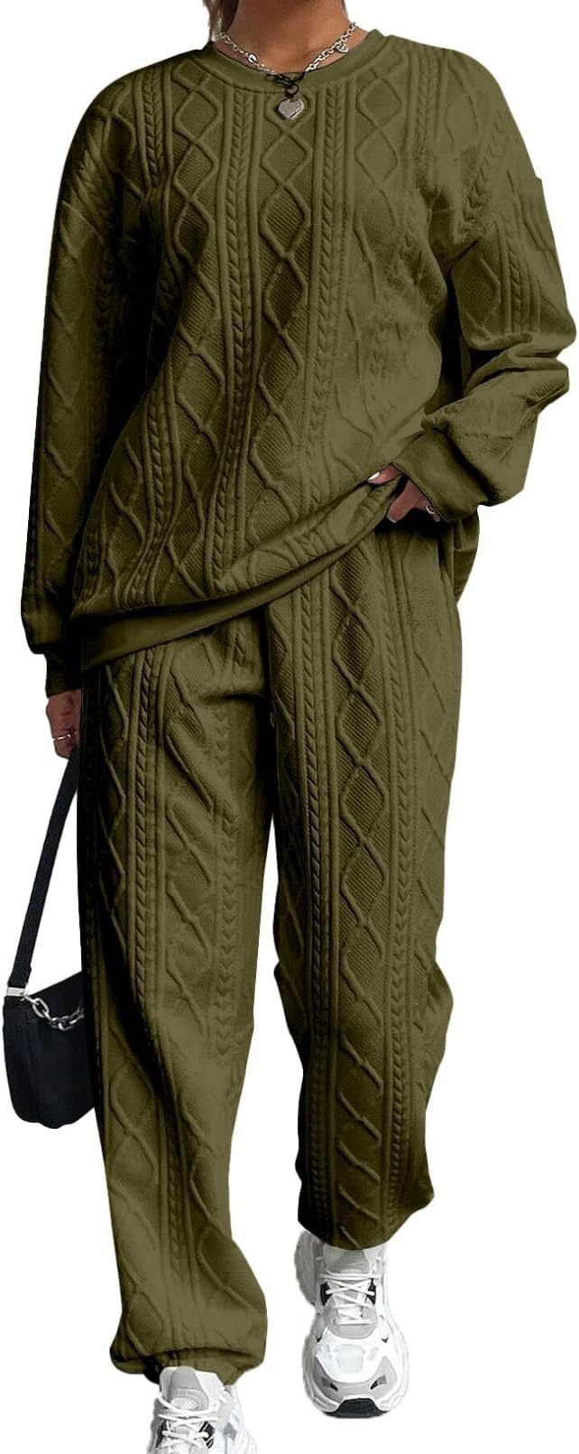2025 Spring and Autumn Cross-border European and American New Women's Clothing Twist Splicing Long Sleeve Round Neck Top Cuffed Trousers Two-piece Set