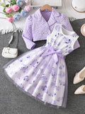 Cross-Border Girls Two-Piece Sky Blue Floral Jacket Rose Print Mesh Dress Princess Style
