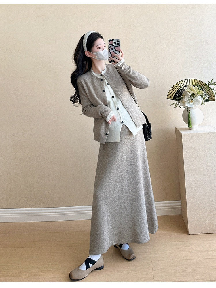 Pregnant women autumn and winter fashion new contrast color stitching knitted sweater + mid-length skirt temperament slim two-piece set