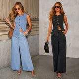 2025 Solid Color Sleeveless Denim Suit with Straight-Leg Pants - American and European Style, Factory Direct