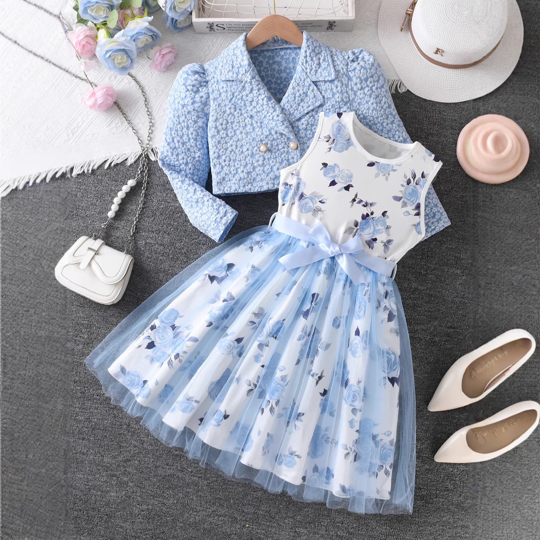 Cross-Border Girls Two-Piece Sky Blue Floral Jacket Rose Print Mesh Dress Princess Style