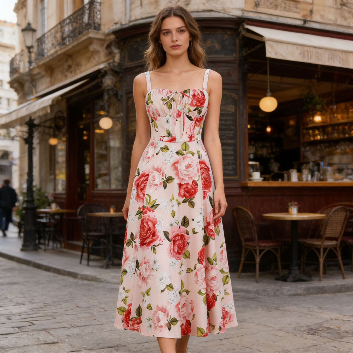 Printed Spaghetti Strap Dress with Corset Waist, Elegant Vintage Style, Wide Hem, Trendy Bestseller on Amazon