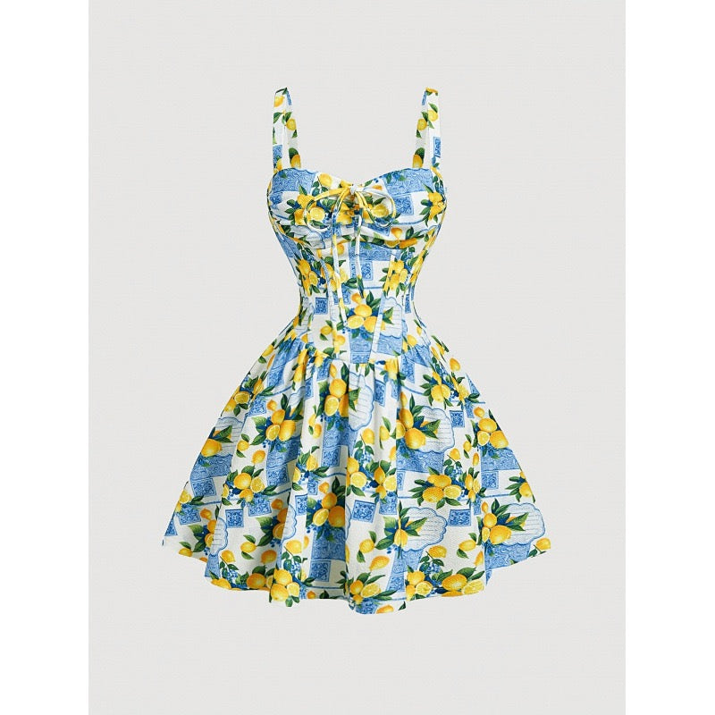 Women's New Summer Style French Romantic and Elegant Printed Lace-Up Waist-Cinching A-Line Suspender Mini Dress