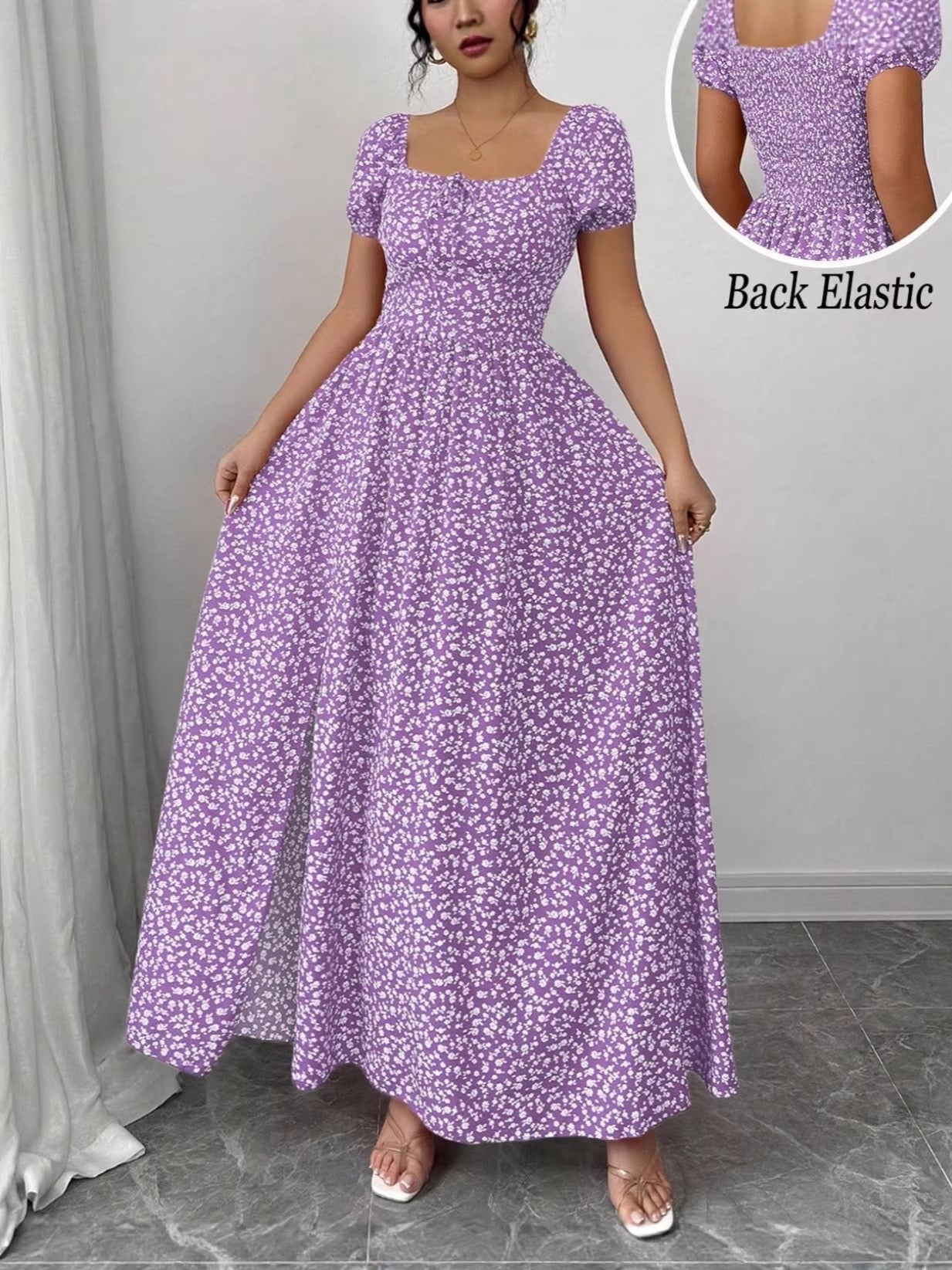 European and American Style Cross-Border Square Neck Puff Sleeve Floral Long Dress for Export