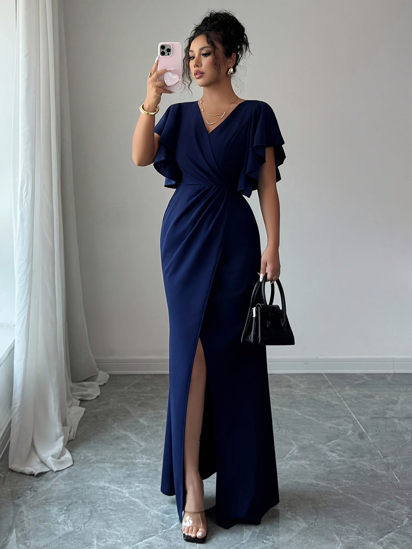 Women's Elegant Romantic Ruffle Sleeve V-Neck Waist Slimming Slit Hem Long Dress Suitable for Dates